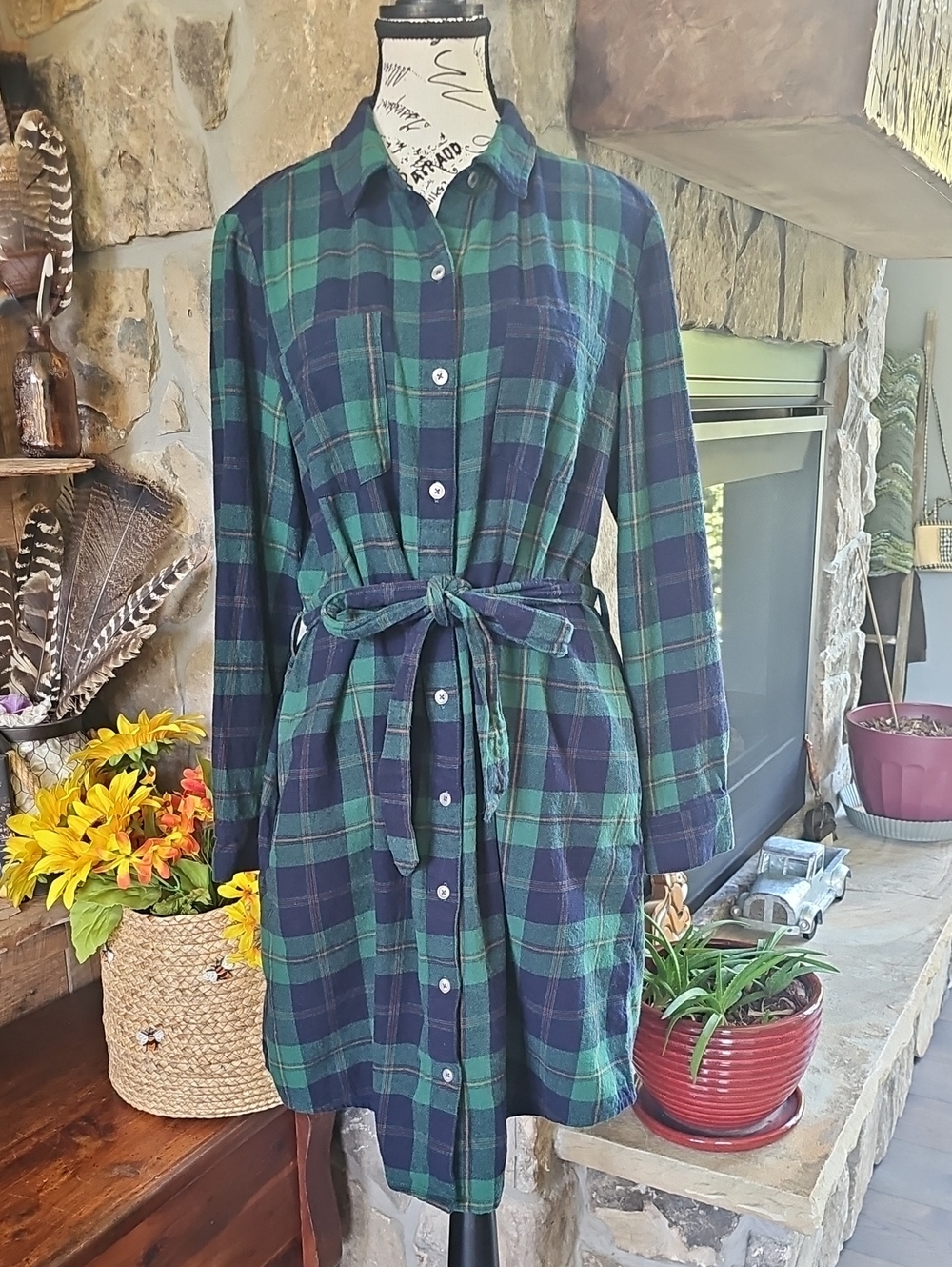 Style & Co Plaid Flannel Shirt Dress Green Navy Cotton Tie Waist L